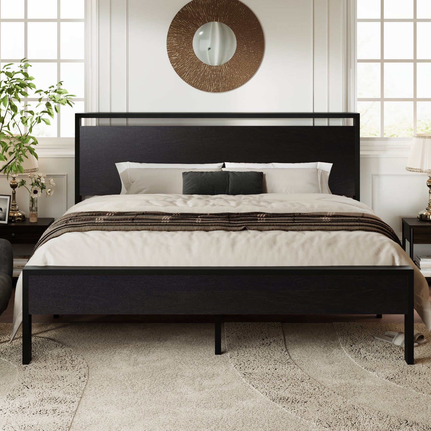 Allewie Platform Bed Frame with Wood Headboard and Footboard, Heavy Duty Metal Slat
