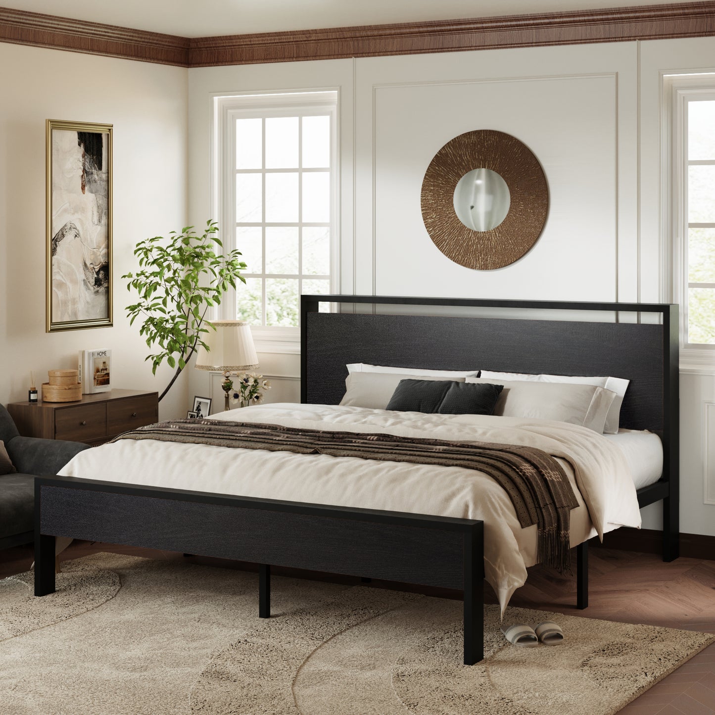 Allewie Platform Bed Frame with Wood Headboard and Footboard, Heavy Duty Metal Slat