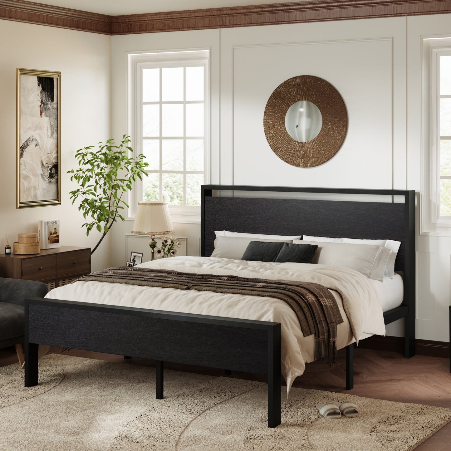 Allewie Platform Bed Frame with Wood Headboard and Footboard, Heavy Duty Metal Slat