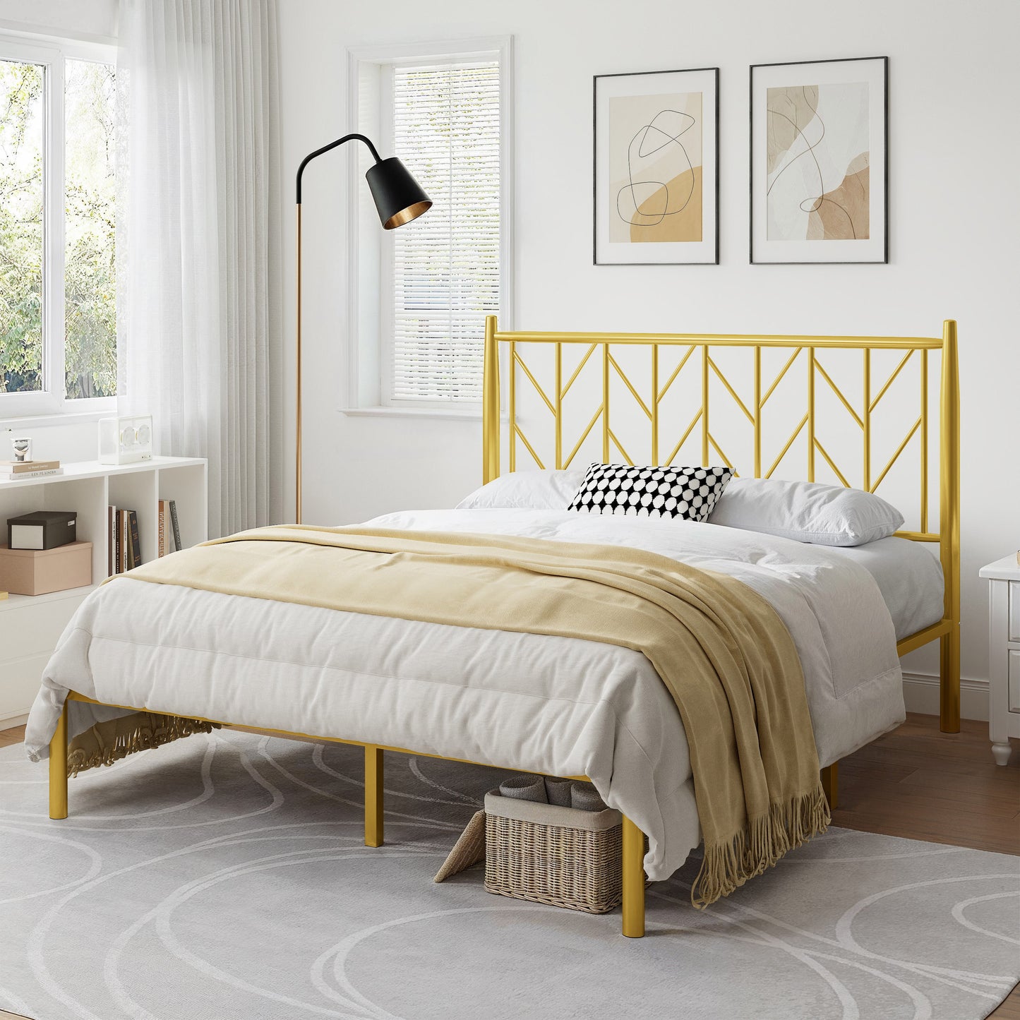 Allewie Gold Modern Platform Bed Frame with Vintage Headboard, 12'' Under-bed Storage