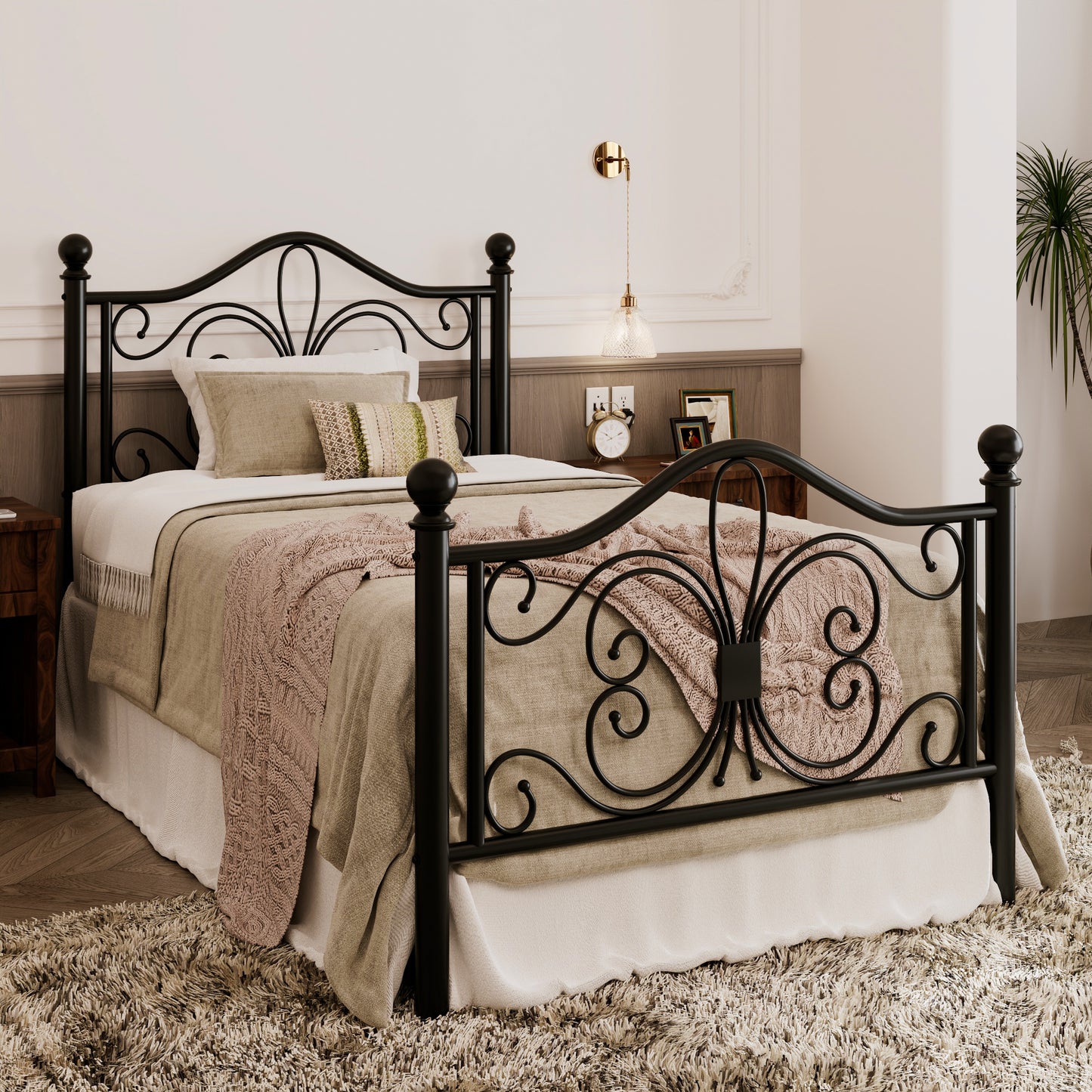 Allewie Vintage Metal Bed Frame with Butterfly Pattern Design Headboard & Footboard