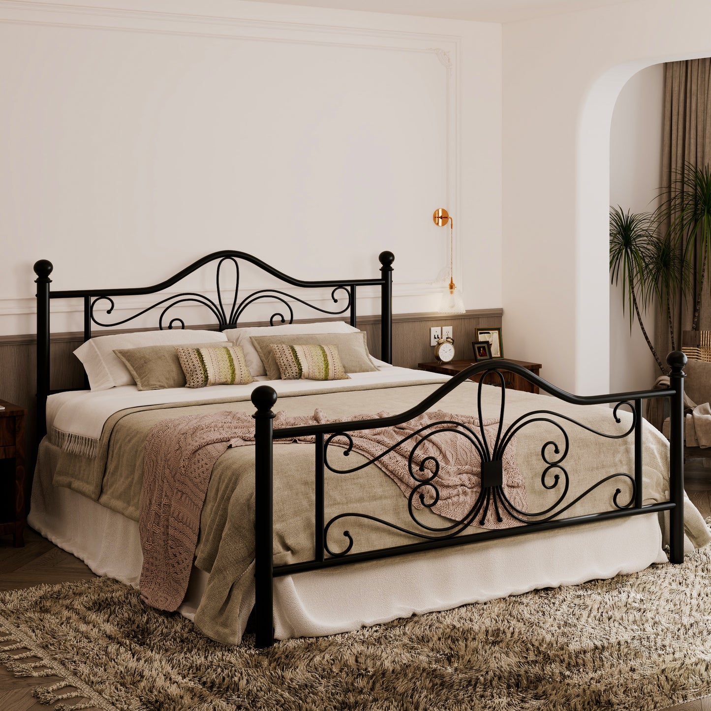Allewie Vintage Metal Bed Frame with Butterfly Pattern Design Headboard & Footboard