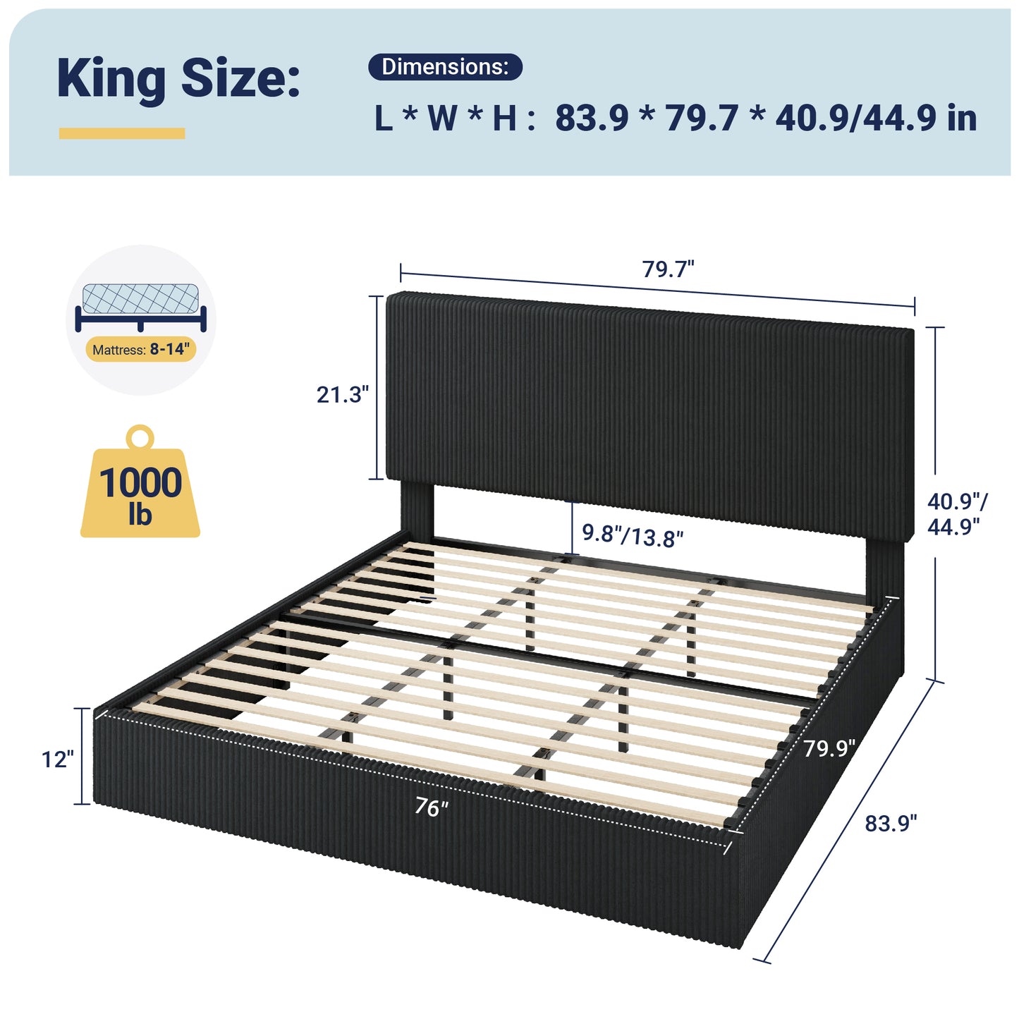 Allewie Bed Frame, Upholstered Platform Bed, Adjustable Vertical Channel Tufted Headboard, Corduroy Fabric, Modern Low Profile, Wooden Slats, No Box Spring Needed, Easy Assembly