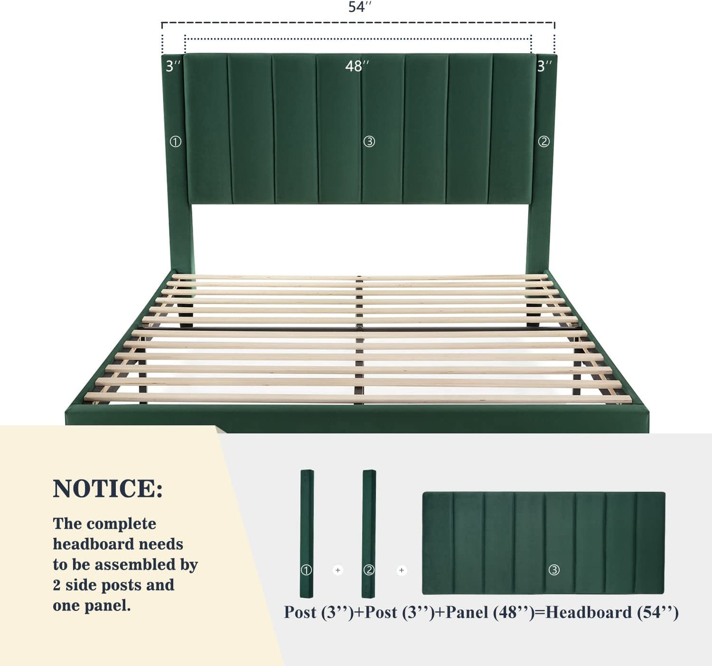 Allewie Full Size Velvet Upholstered Bed Frame with Vertical Channel Tufted Headboard, Green