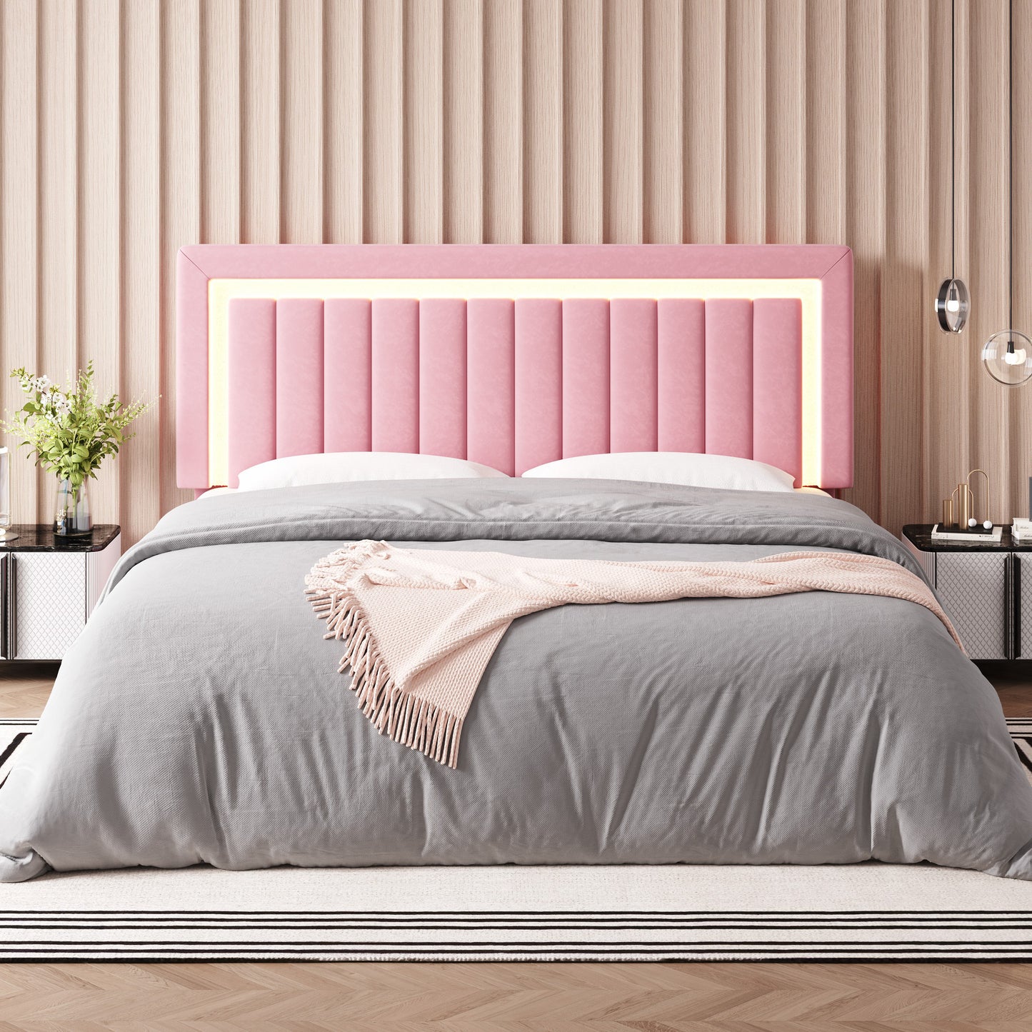 Allewie Frame with LED Light, Upholstered Platform Bedframe with Adjustable Headboard, Box Spring Optional