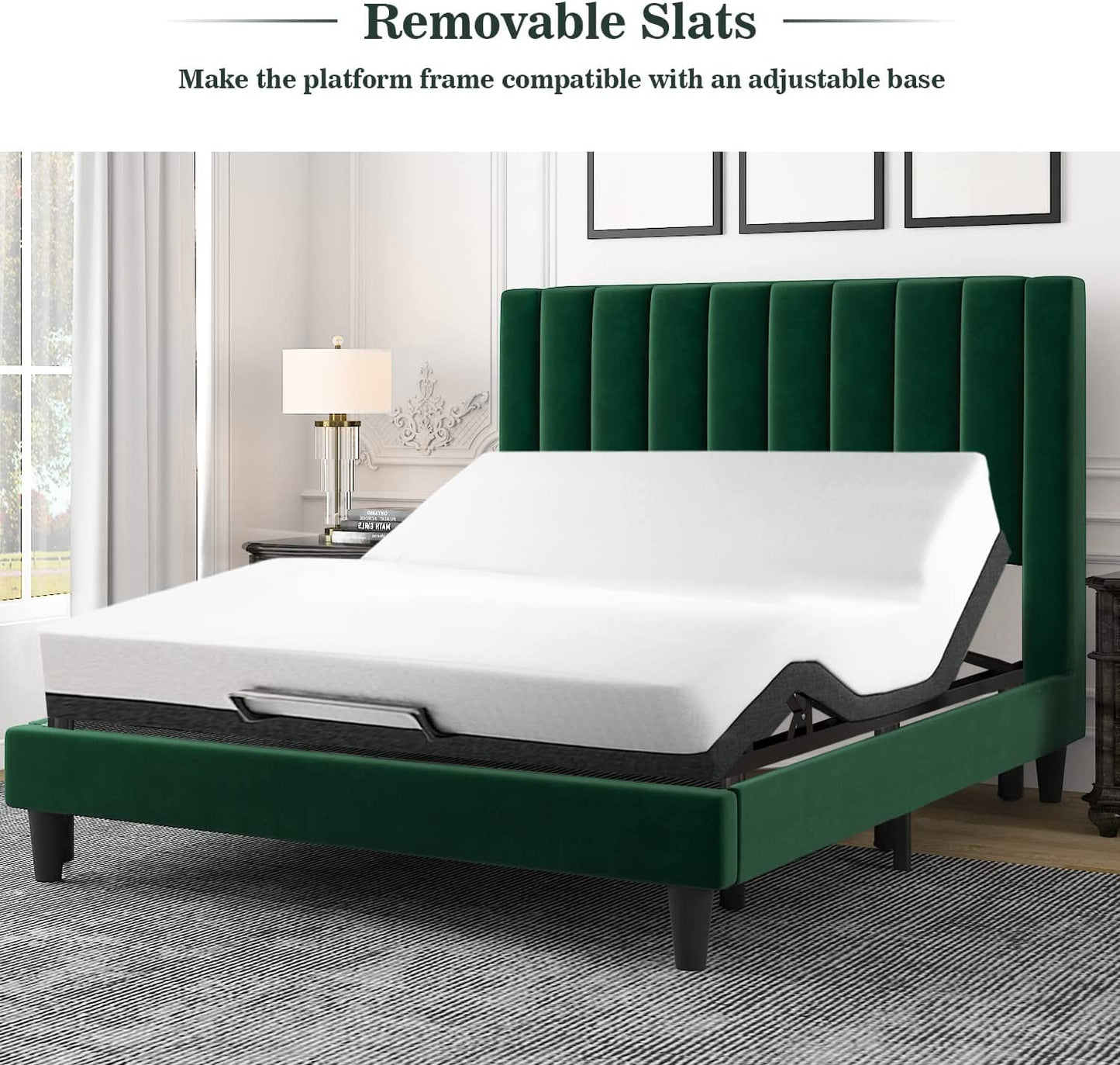 Allewie Full Size Velvet Upholstered Bed Frame with Vertical Channel Tufted Headboard, Green