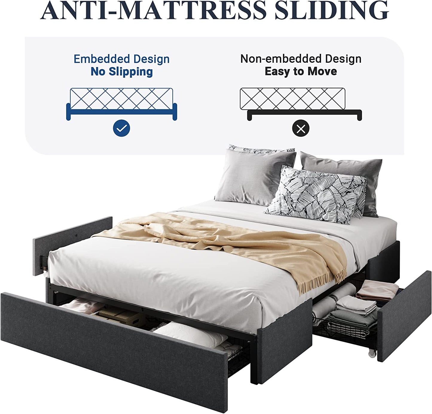 Allewie Platform Bed Frame with 3 Storage Drawers, Upholstered Wing Side Panel Design
