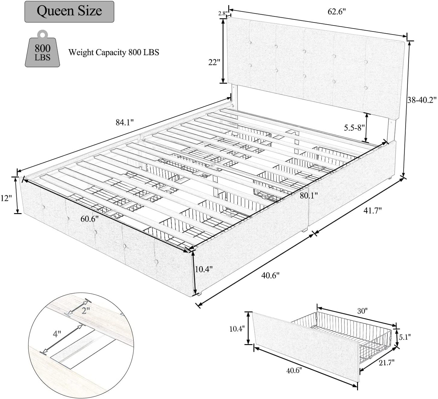Allewie Queen Platform Bed Frame with 4 Drawers Storage and Headboard, Diamond Stitched Button Tufted Upholstered Mattress Foundation with Wood Slat Support, Dark Grey