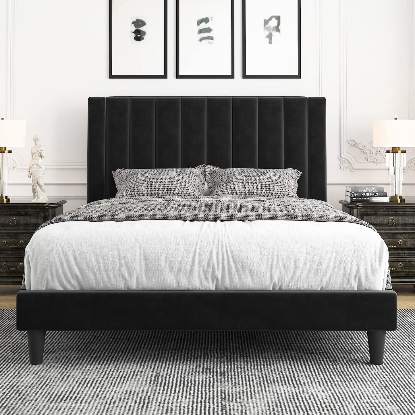 Allewie Velvet Upholstered Bed Frame with Vertical Channel Tufted Headboard, Black