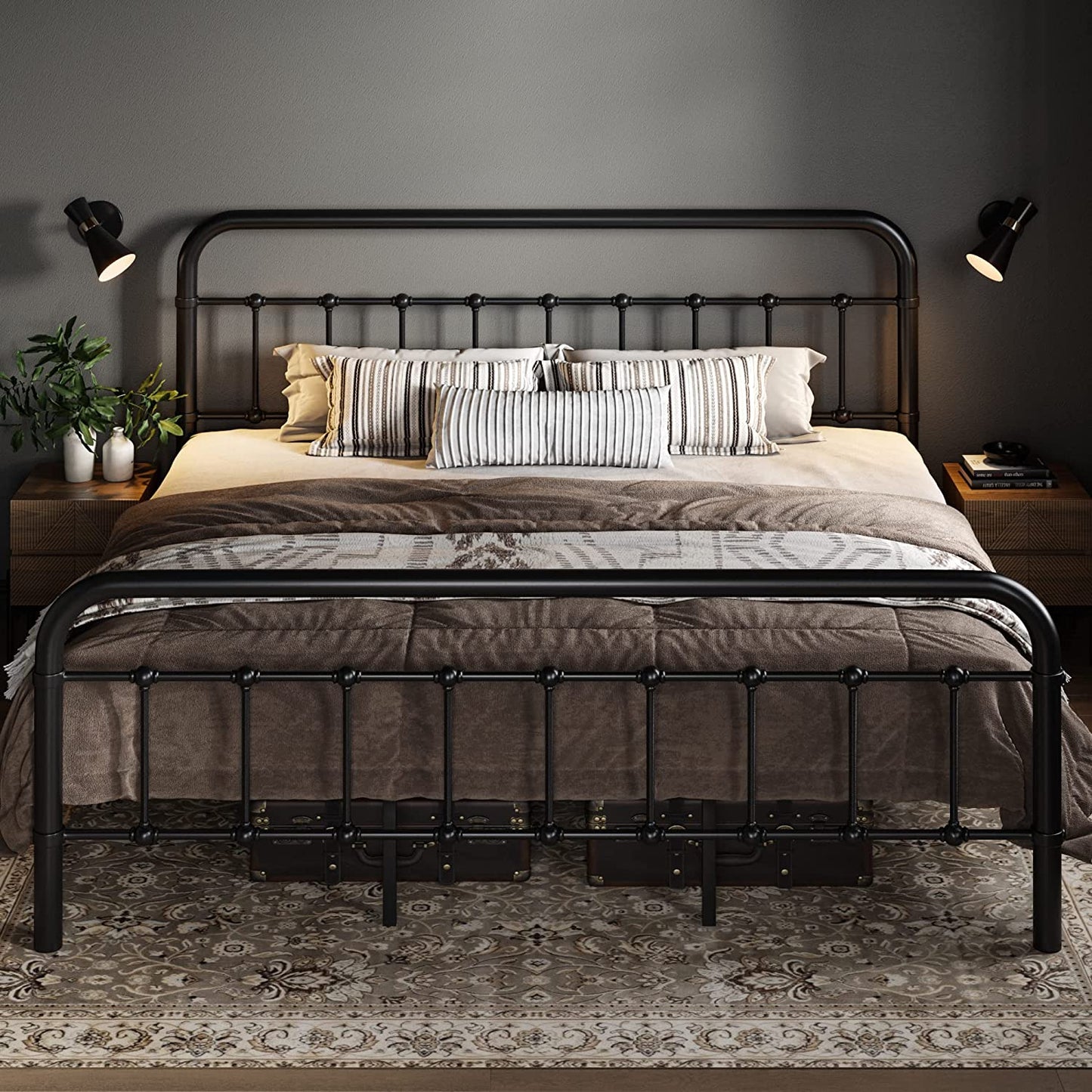 Allewie Metal Platform Bed Frame with Victorian Style Wrought Iron-Art Headboard/Footboard, Black