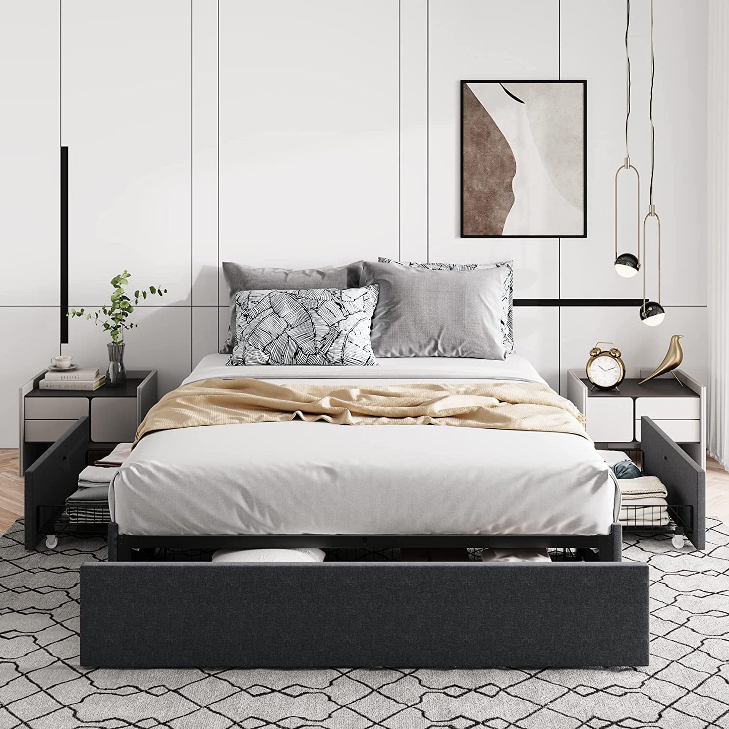 Allewie Platform Bed Frame with 3 Storage Drawers, Upholstered Wing Side Panel Design