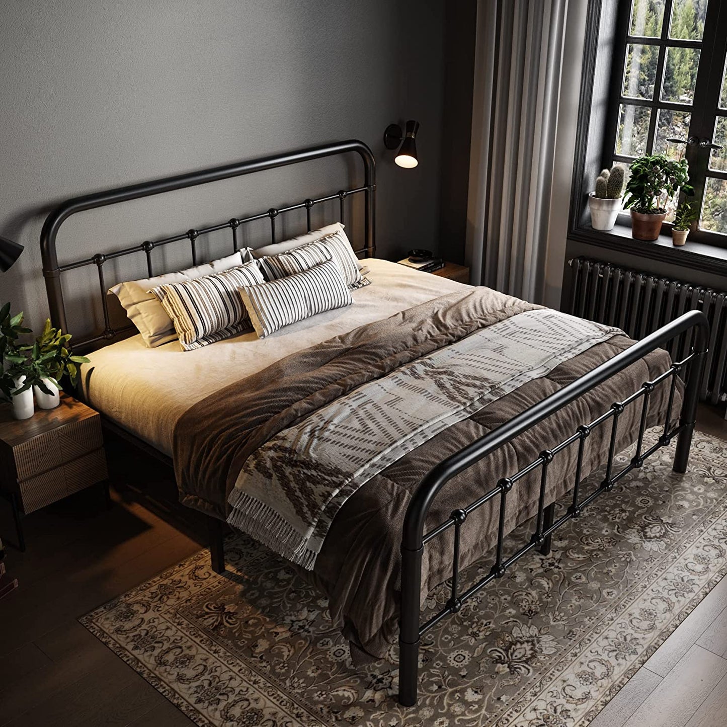 Allewie Metal Platform Bed Frame with Victorian Style Wrought Iron-Art Headboard/Footboard, Black