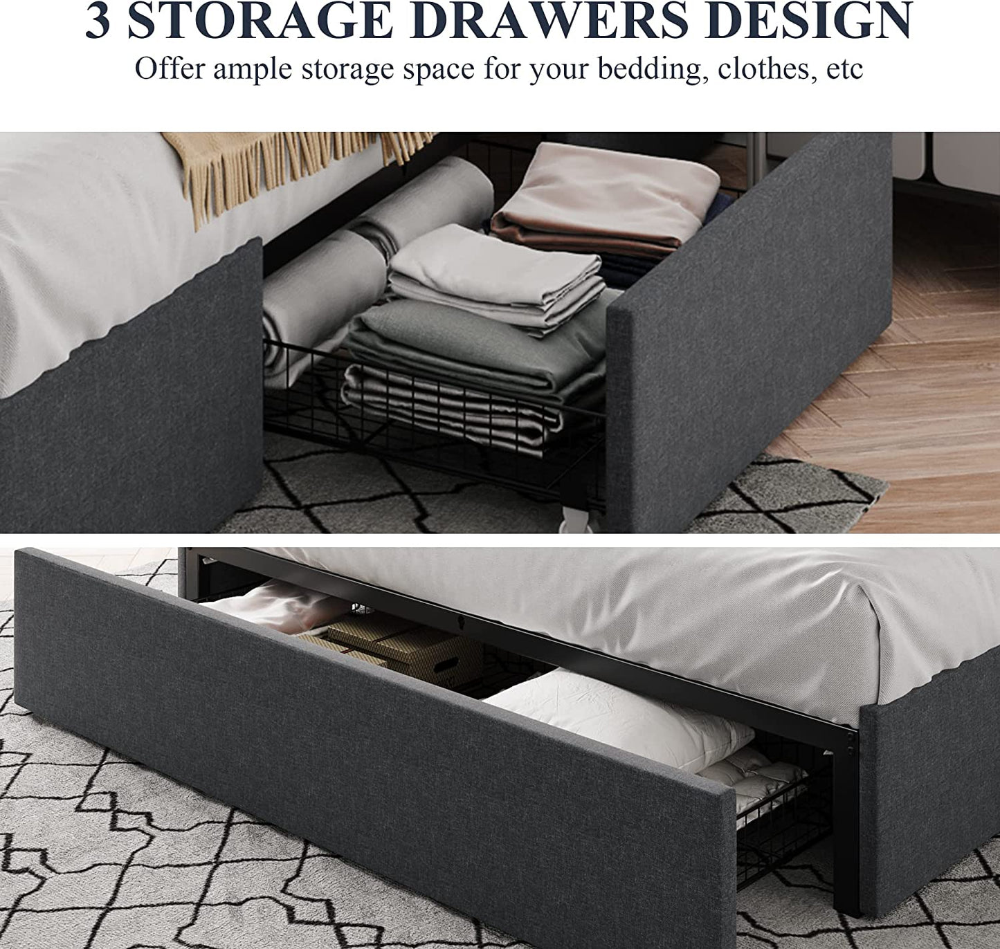 Allewie Platform Bed Frame with 3 Storage Drawers, Upholstered Wing Side Panel Design