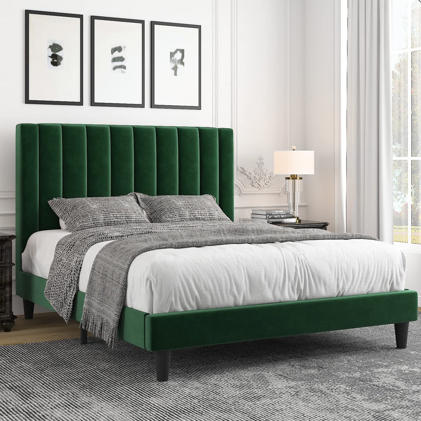 Allewie Full Size Velvet Upholstered Bed Frame with Vertical Channel Tufted Headboard, Green