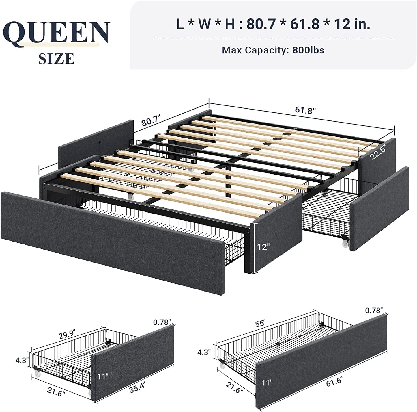 Allewie Platform Bed Frame with 3 Storage Drawers, Upholstered Wing Side Panel Design