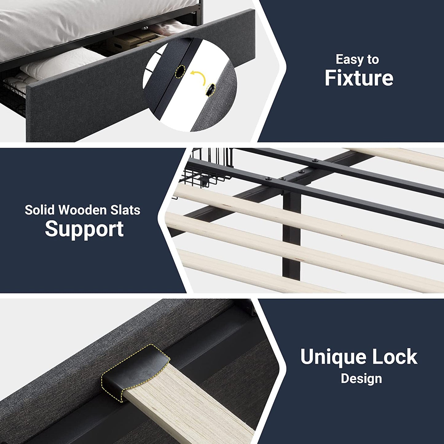 Allewie Platform Bed Frame with 3 Storage Drawers, Upholstered Wing Side Panel Design