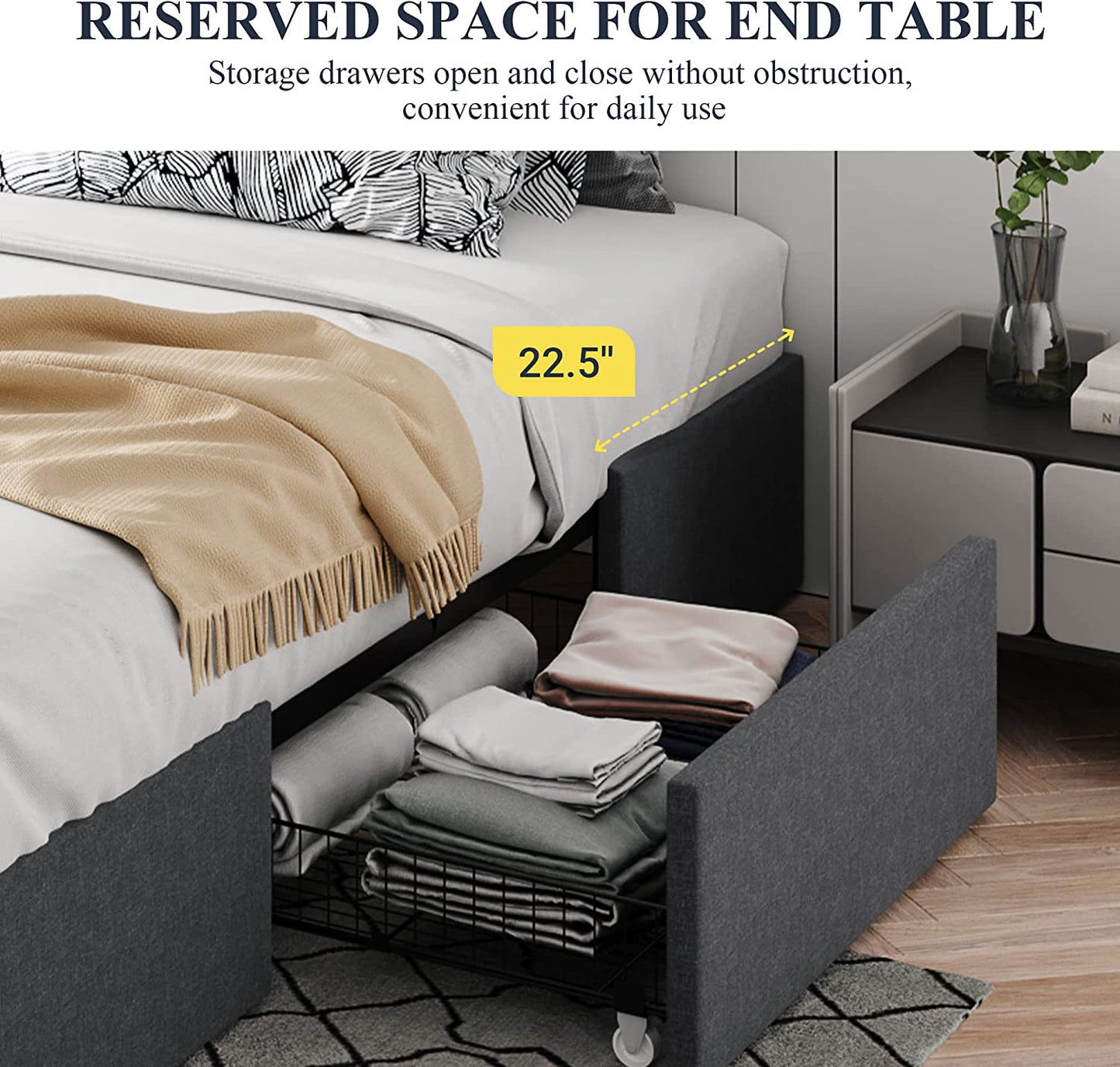 Allewie Platform Bed Frame with 3 Storage Drawers, Upholstered Wing Side Panel Design
