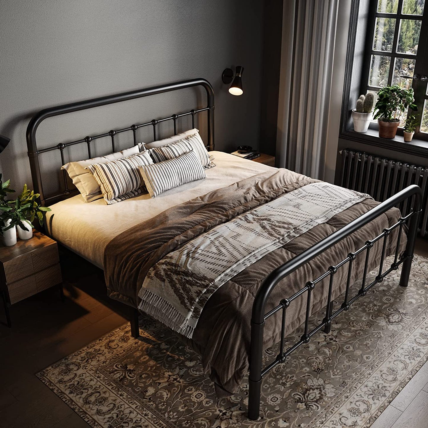 Allewie Metal Platform Bed Frame with Victorian Style Wrought Iron-Art Headboard/Footboard, Black