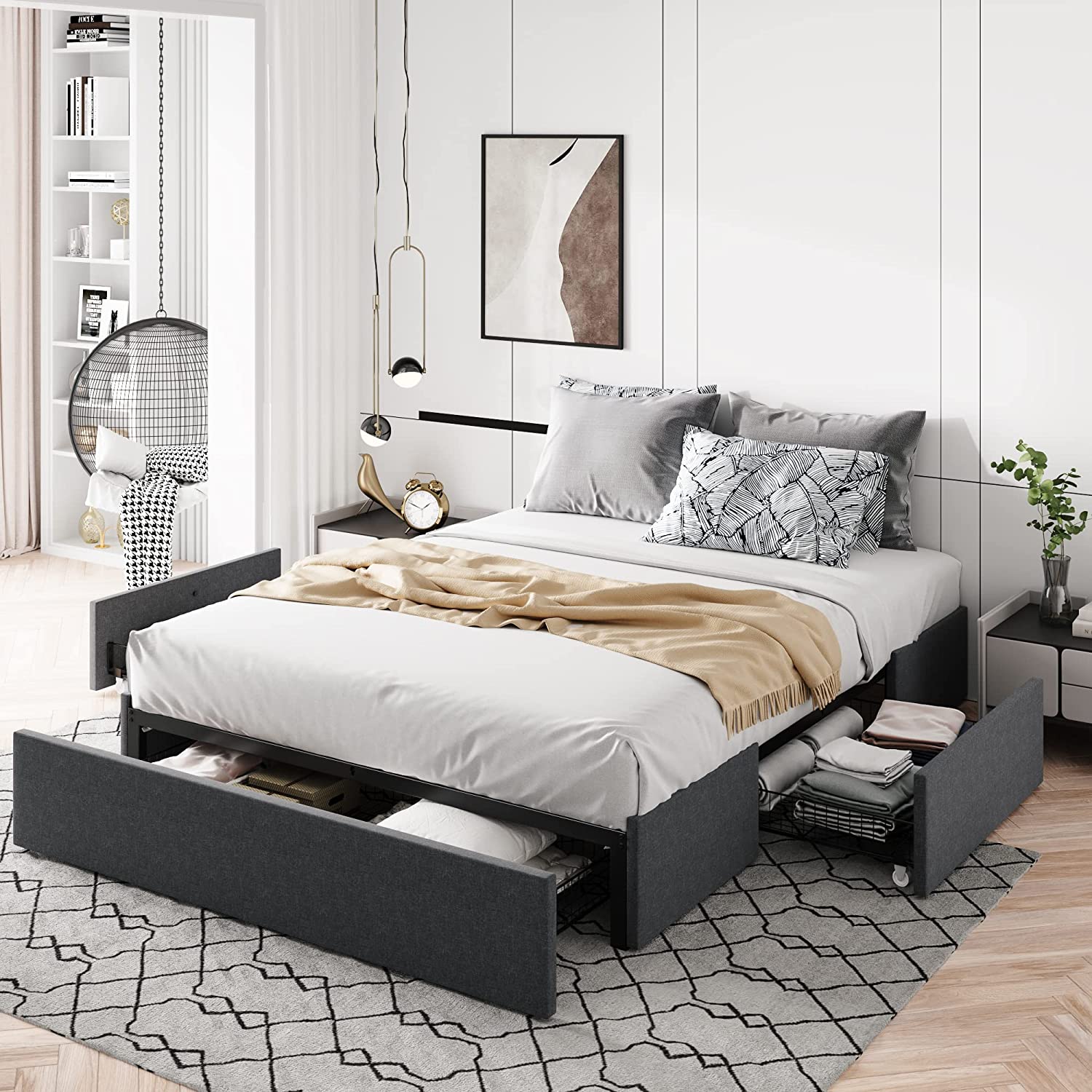 Allewie Full Size Platform Bed Frame with Fabric Upholstered Headboard,  Dark Grey 