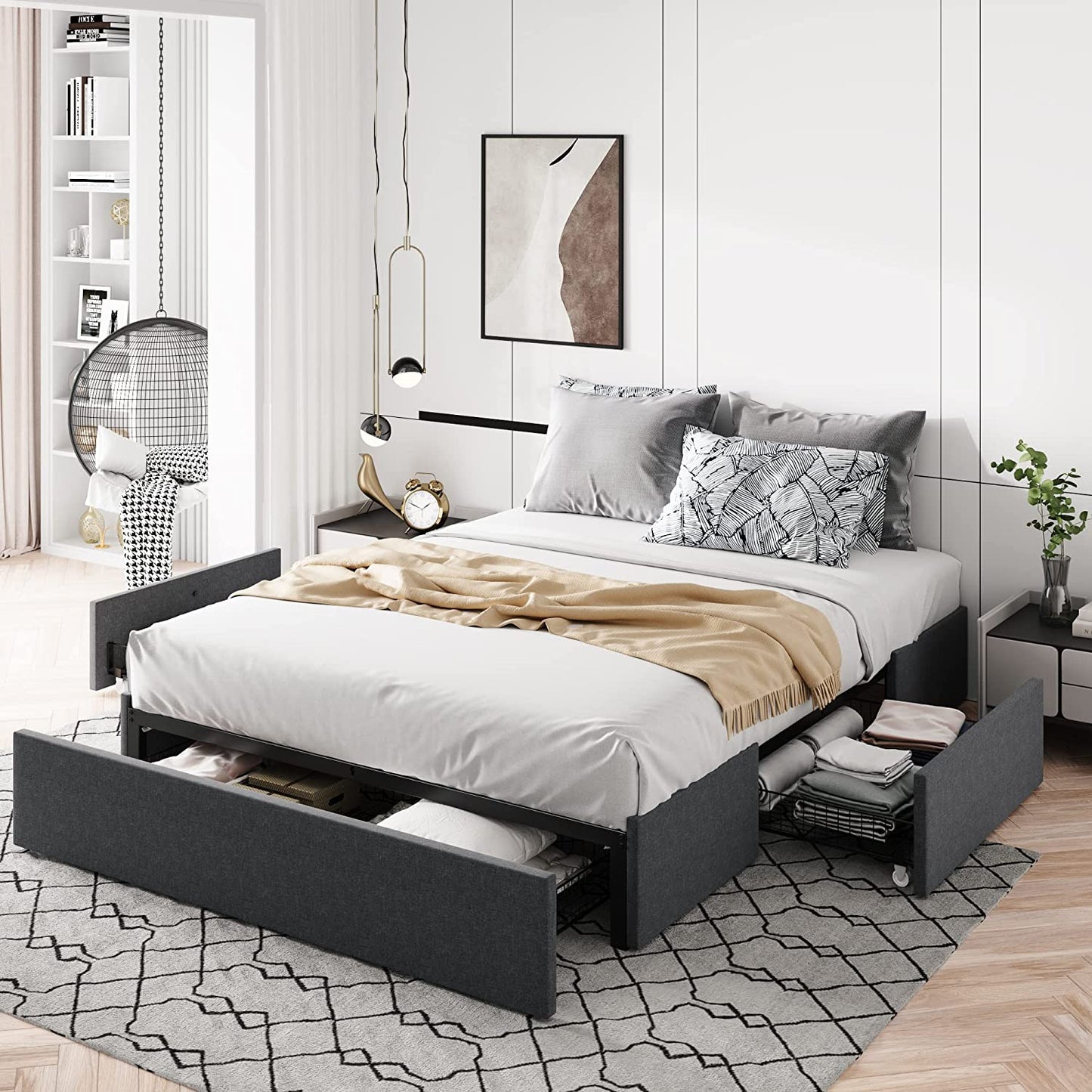 Allewie Platform Bed Frame with 3 Storage Drawers, Upholstered Wing Side Panel Design
