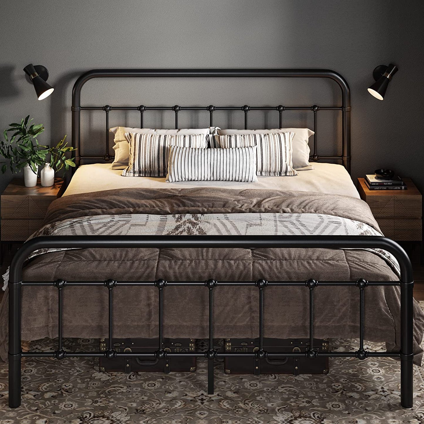 Allewie Metal Platform Bed Frame with Victorian Style Wrought Iron-Art Headboard/Footboard, Black