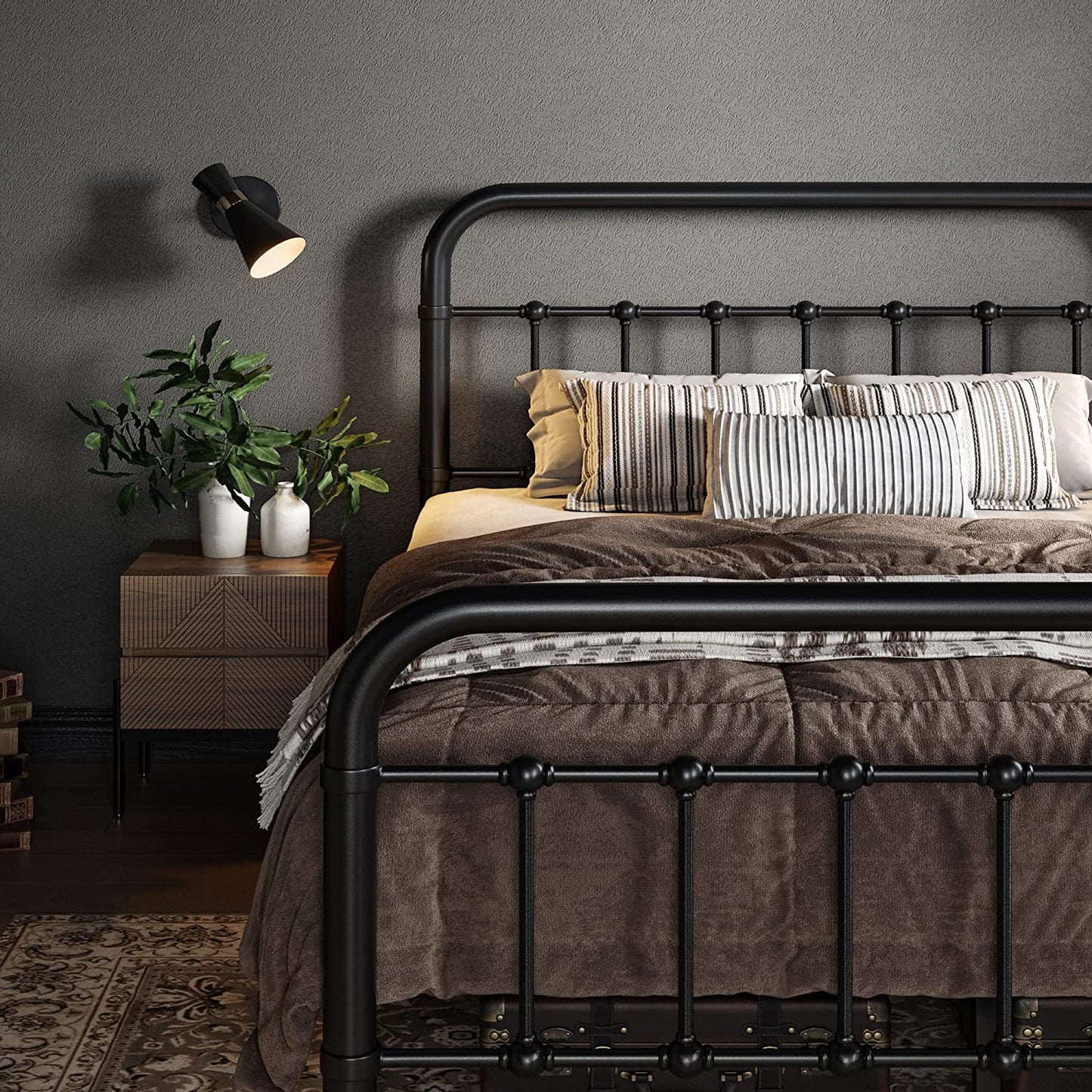 Allewie Metal Platform Bed Frame with Victorian Style Wrought Iron-Art Headboard/Footboard, Black