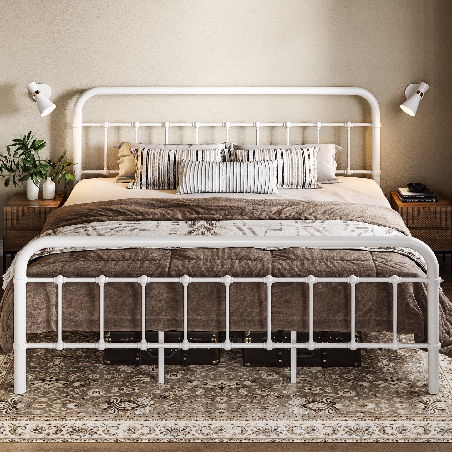 Allewie Metal Platform Bed Frame with Victorian Style Wrought Iron-Art Headboard/Footboard, White