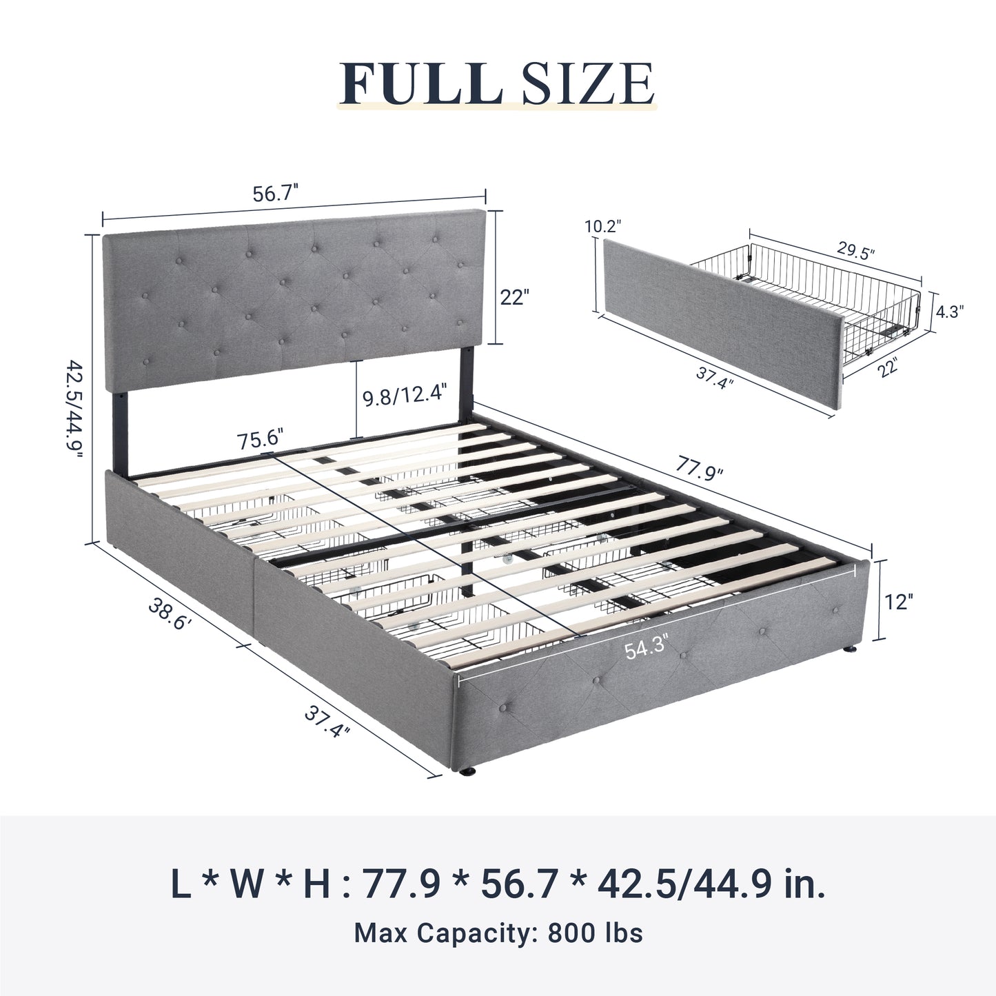 Allewie Queen Platform Bed Frame with 4 Drawers Storage and Headboard, Diamond Stitched Button Tufted Upholstered Mattress Foundation with Wood Slat Support, Dark Grey