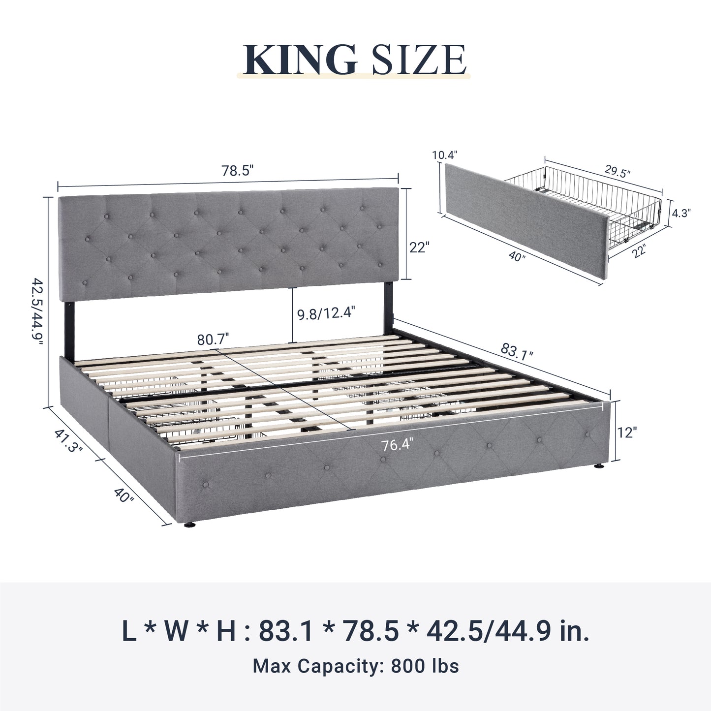 Allewie Queen Platform Bed Frame with 4 Drawers Storage and Headboard, Diamond Stitched Button Tufted Upholstered Mattress Foundation with Wood Slat Support, Dark Grey