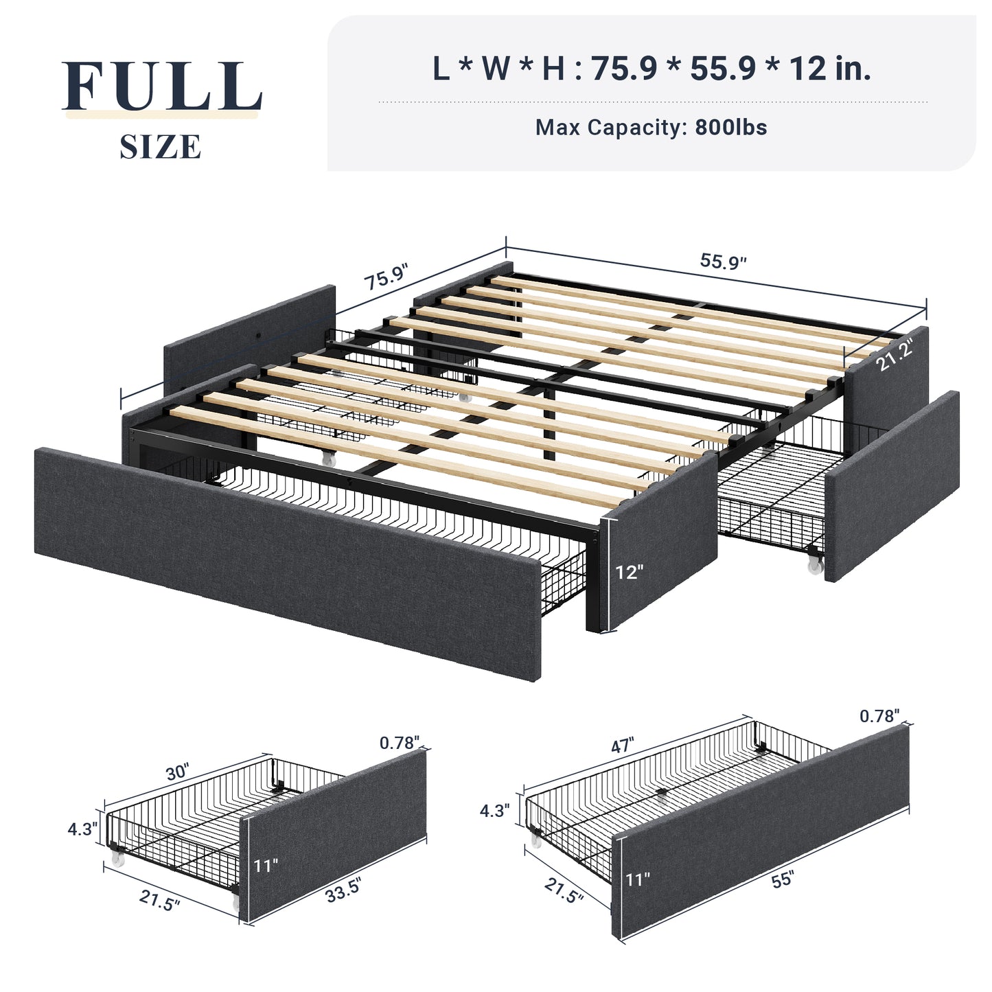 Allewie Platform Bed Frame with 3 Storage Drawers, Upholstered Wing Side Panel Design