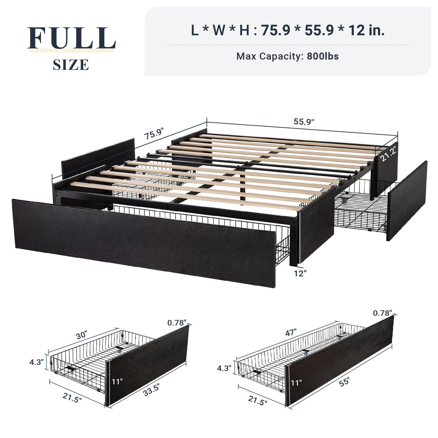 Allewie Platform Bed Frame with 3 Storage Drawers, Upholstered Wing Side Panel Design
