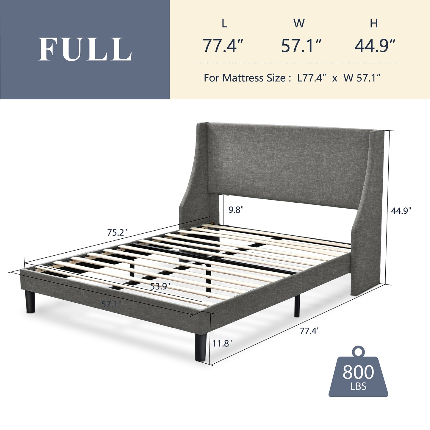 Allewie Queen Size Fabric Upholstered Platform Bed Frame with Wingback Headboard, Light Grey