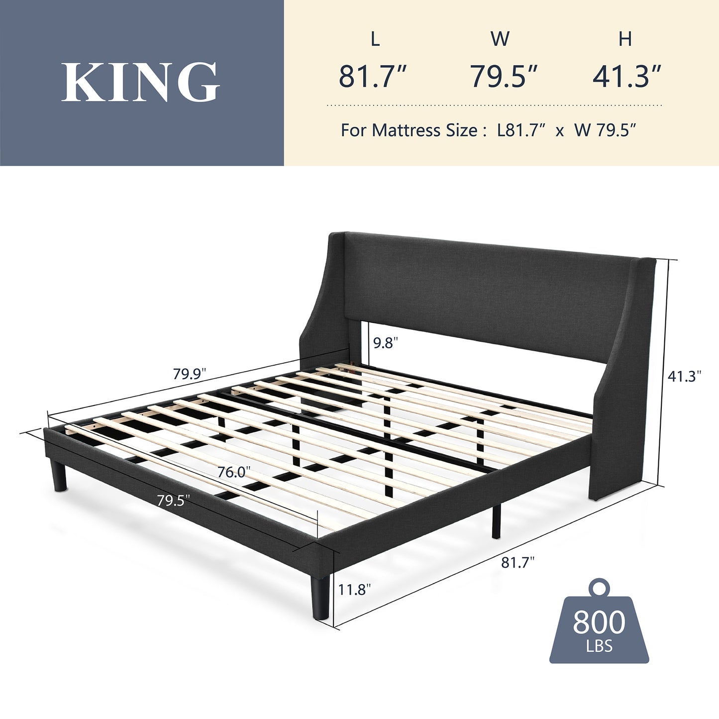 Allewie Queen Size Fabric Upholstered Platform Bed Frame with Wingback Headboard, Light Grey