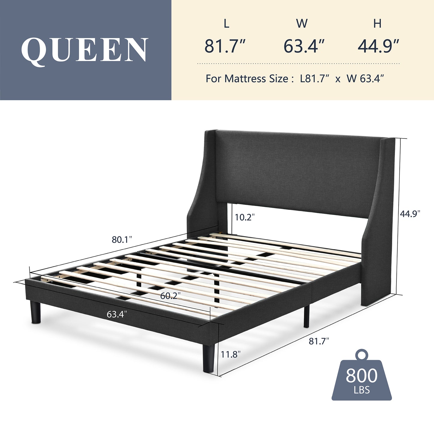Allewie Queen Size Fabric Upholstered Platform Bed Frame with Wingback Headboard, Light Grey