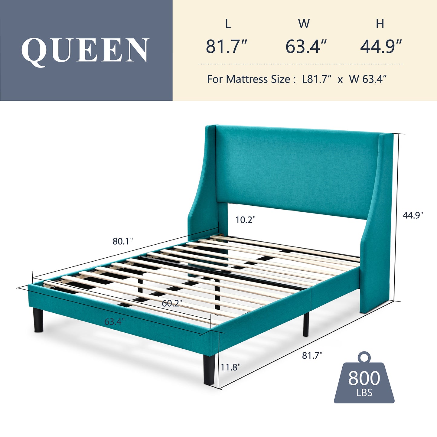Allewie Queen Size Fabric Upholstered Platform Bed Frame with Wingback Headboard, Light Grey