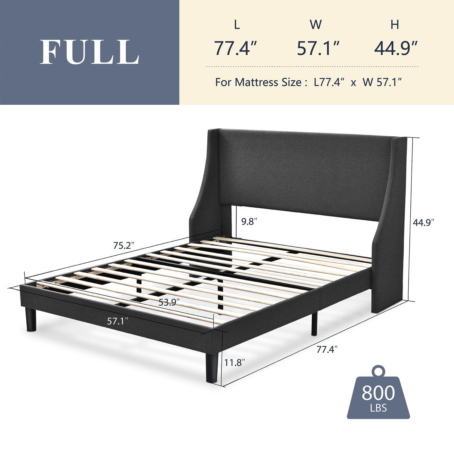 Allewie Queen Size Fabric Upholstered Platform Bed Frame with Wingback Headboard, Light Grey