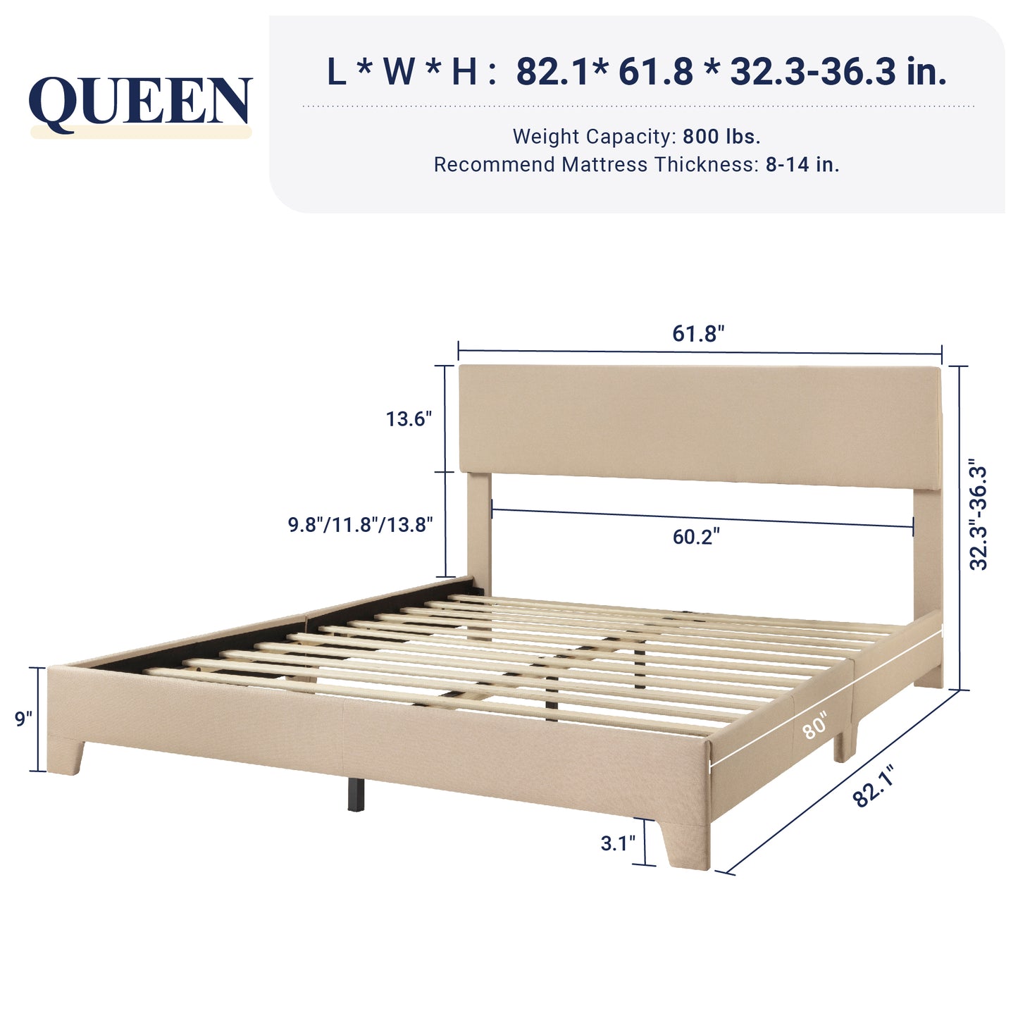Allewie Platform Bed Fame with Upholstered Adjustable Fabric Headboard