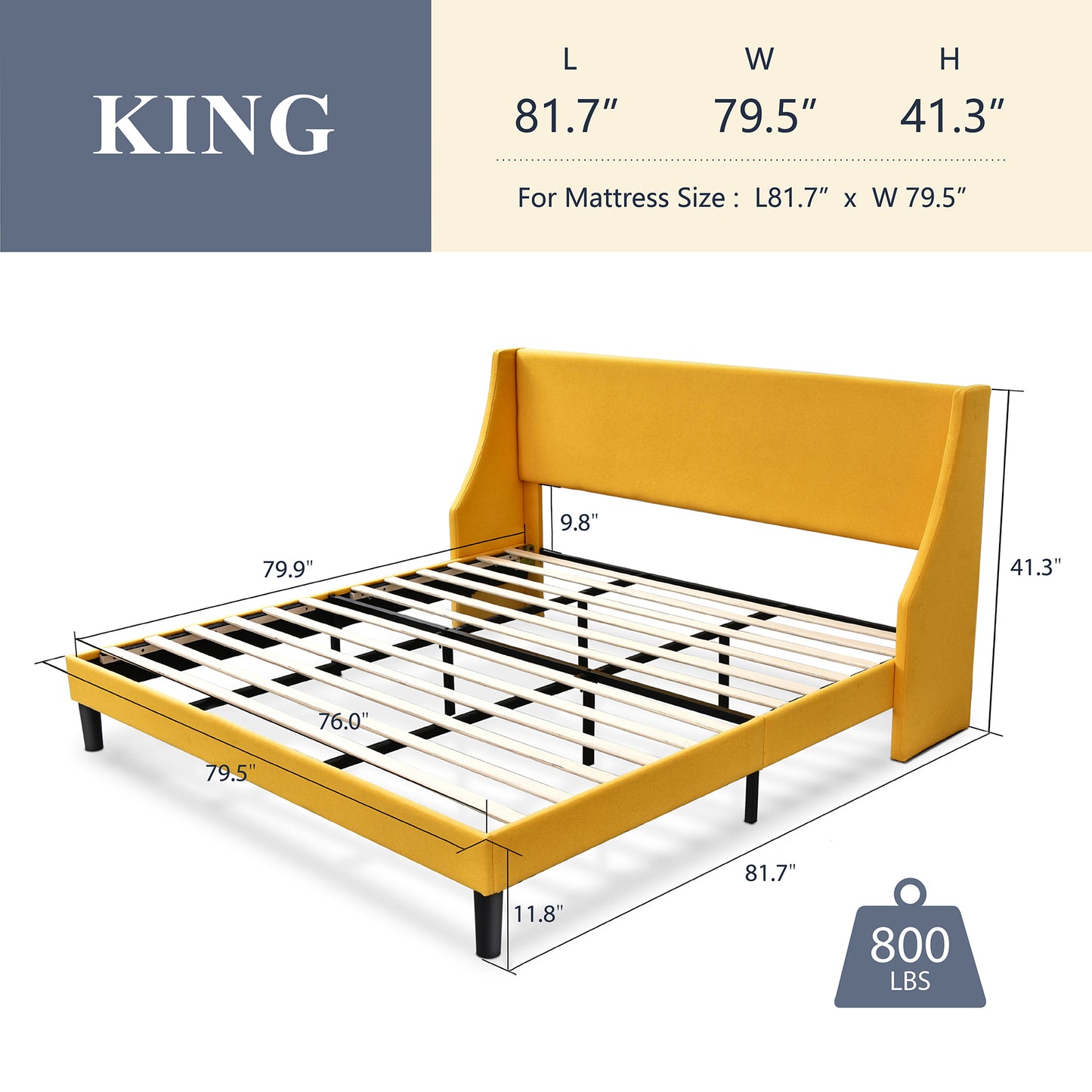Allewie Queen Size Fabric Upholstered Platform Bed Frame with Wingback Headboard, Light Grey