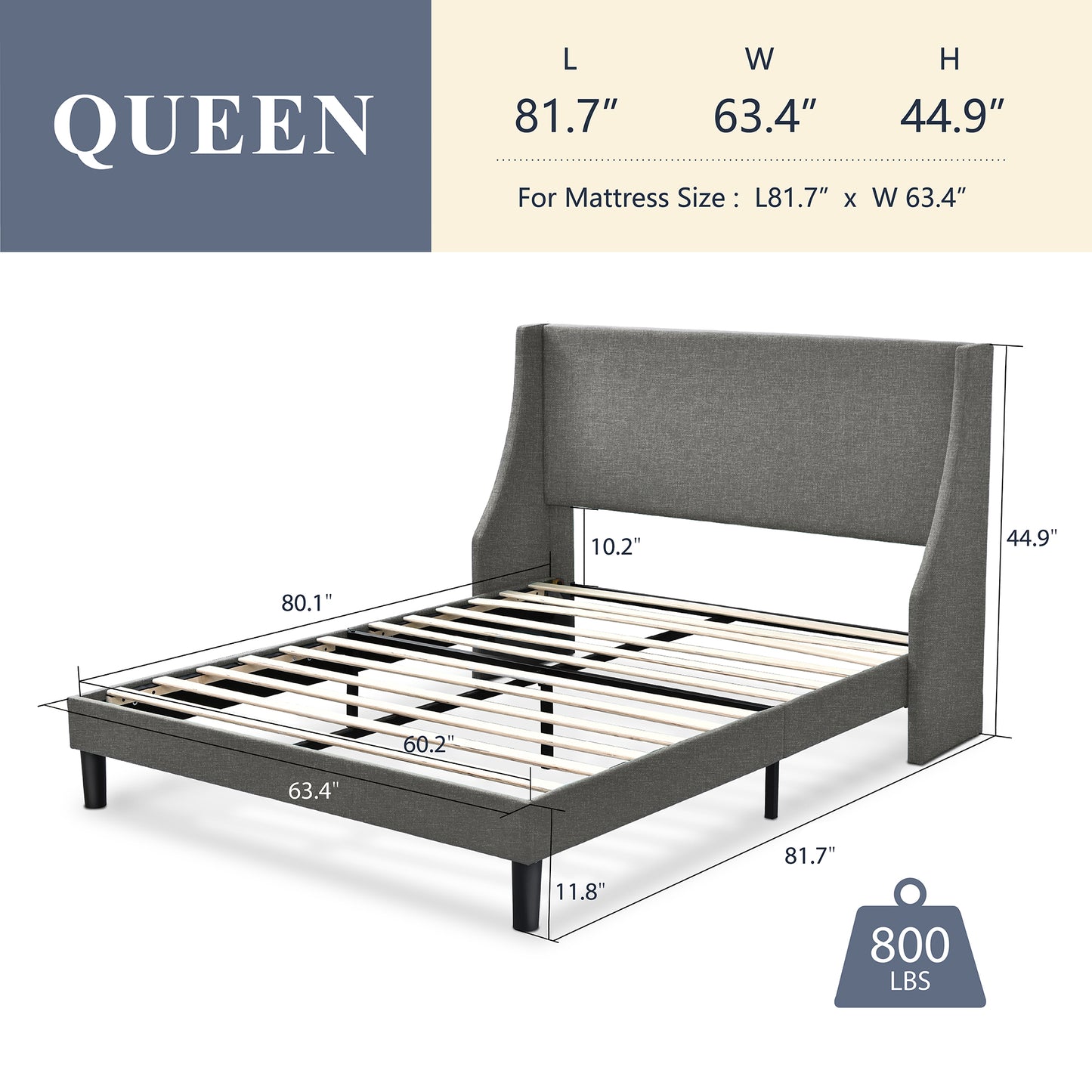 Allewie Queen Size Fabric Upholstered Platform Bed Frame with Wingback Headboard, Light Grey