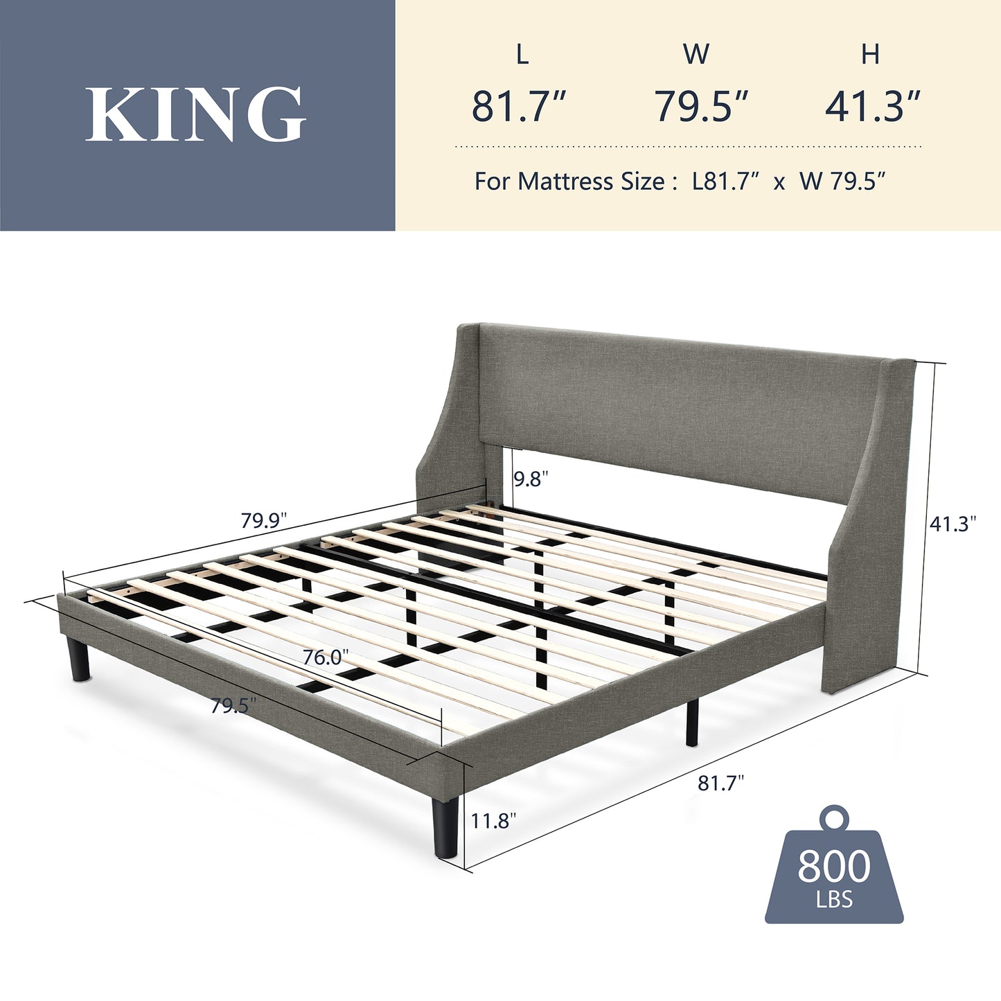 Allewie Queen Size Fabric Upholstered Platform Bed Frame with Wingback Headboard, Light Grey