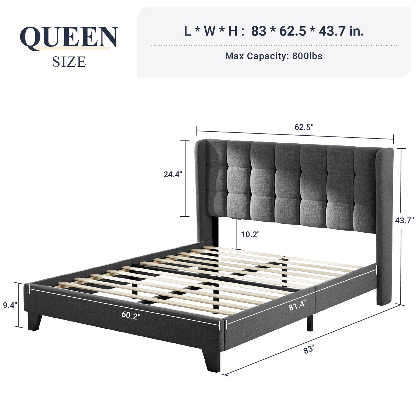 Allewie Platform Bed Frame with Wingback Fabric Upholstered Square Stitched Headboard and Wooden Slats, Grey