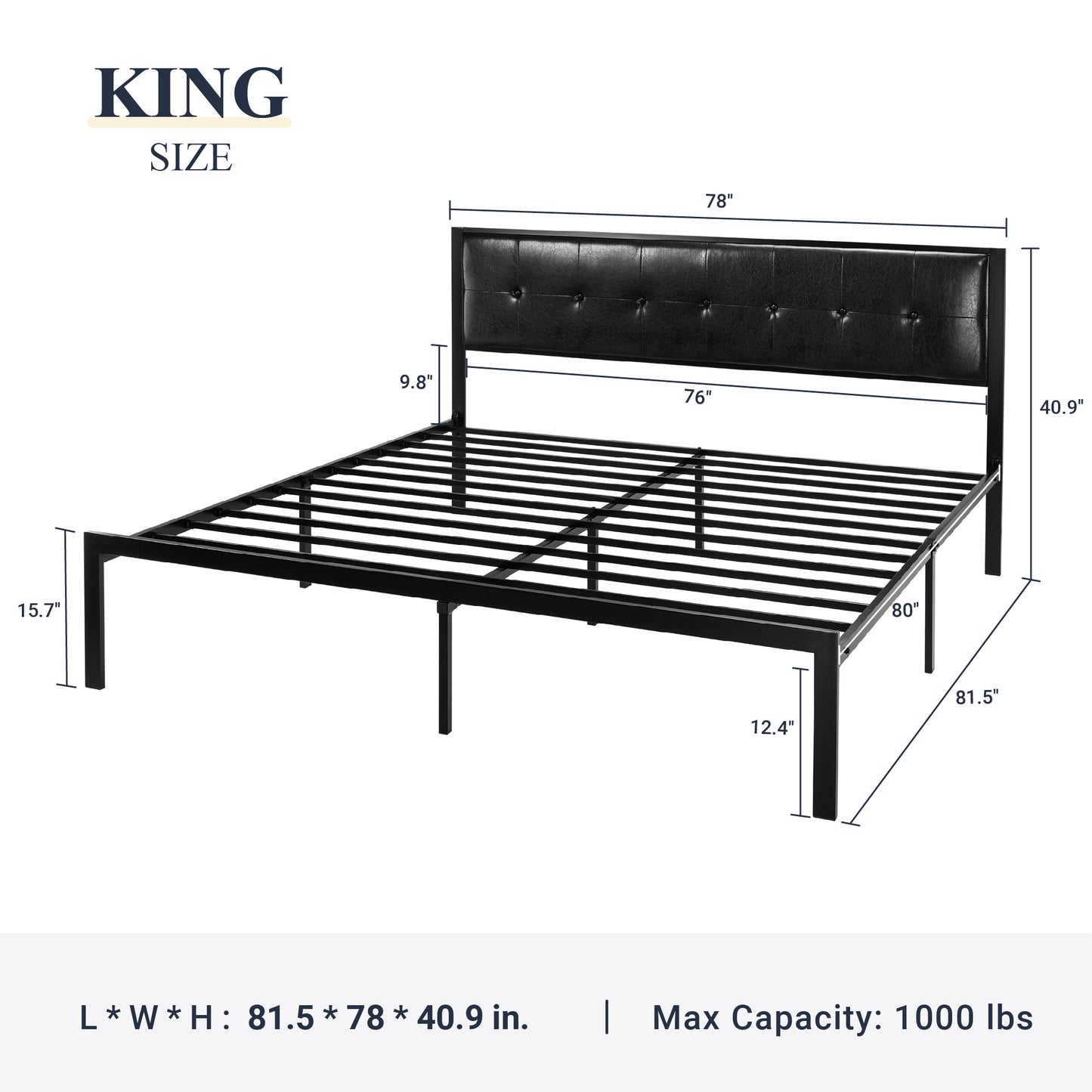 Allewie Faux Leather Platform Bed Frame Button Tufted Square Stitched Headboard, Black
