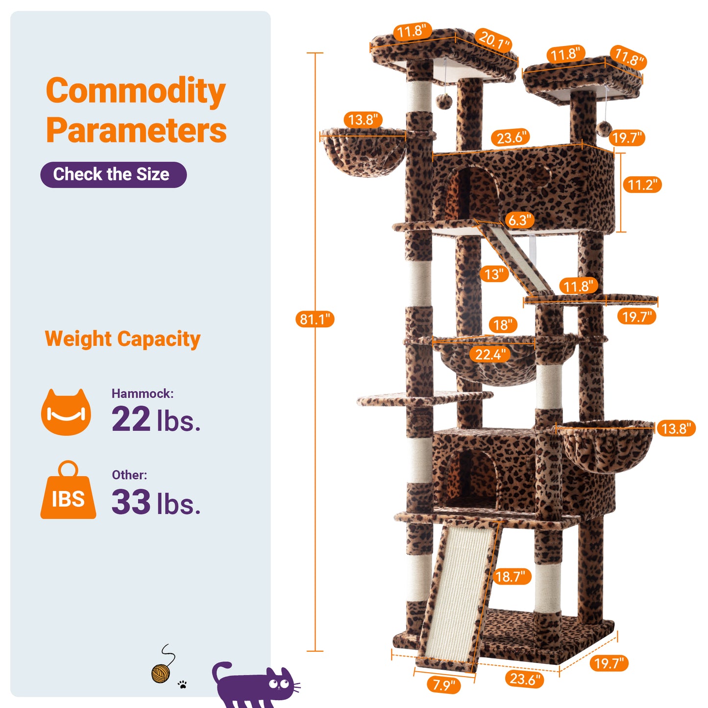 Allewie 81 Inches Multi-Level Tall Cat Tree for Large Cat, Cat Climbing Tree with Cat Condo and Hammock, Scratching Post, Wide Base