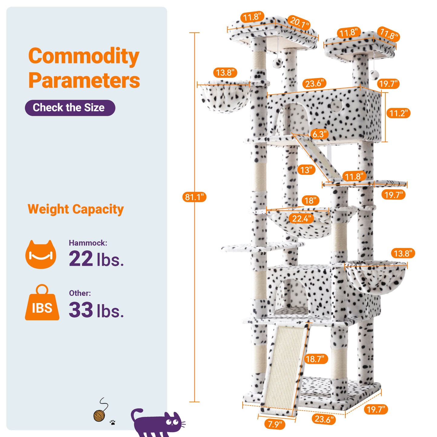 Allewie 81 Inches Multi-Level Tall Cat Tree for Large Cat, Cat Climbing Tree with Cat Condo and Hammock, Scratching Post, Wide Base