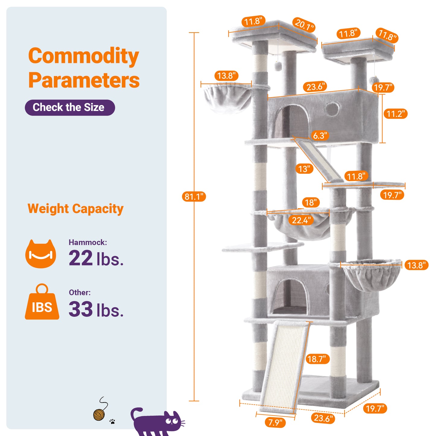 Allewie 81 Inches Multi-Level Tall Cat Tree for Large Cat, Cat Climbing Tree with Cat Condo and Hammock, Scratching Post, Wide Base