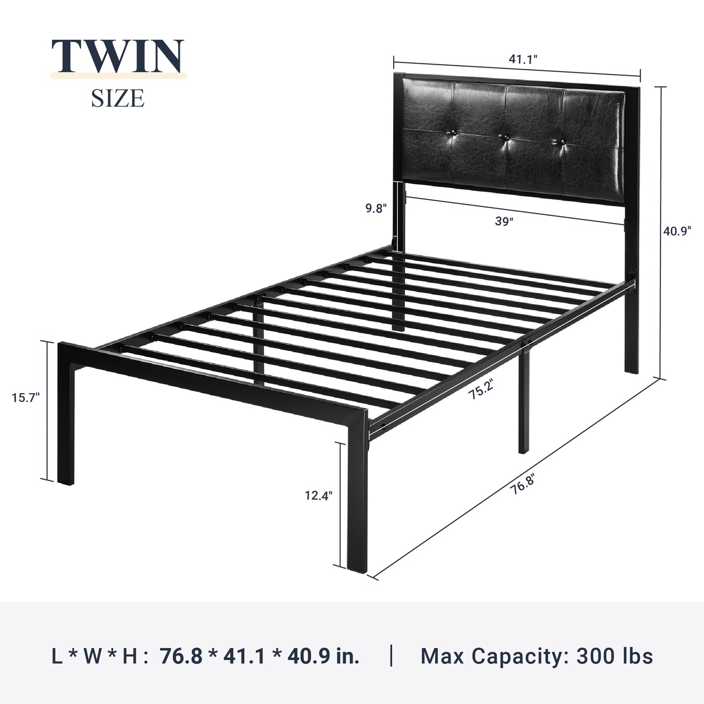 Allewie Faux Leather Platform Bed Frame Button Tufted Square Stitched Headboard, Black