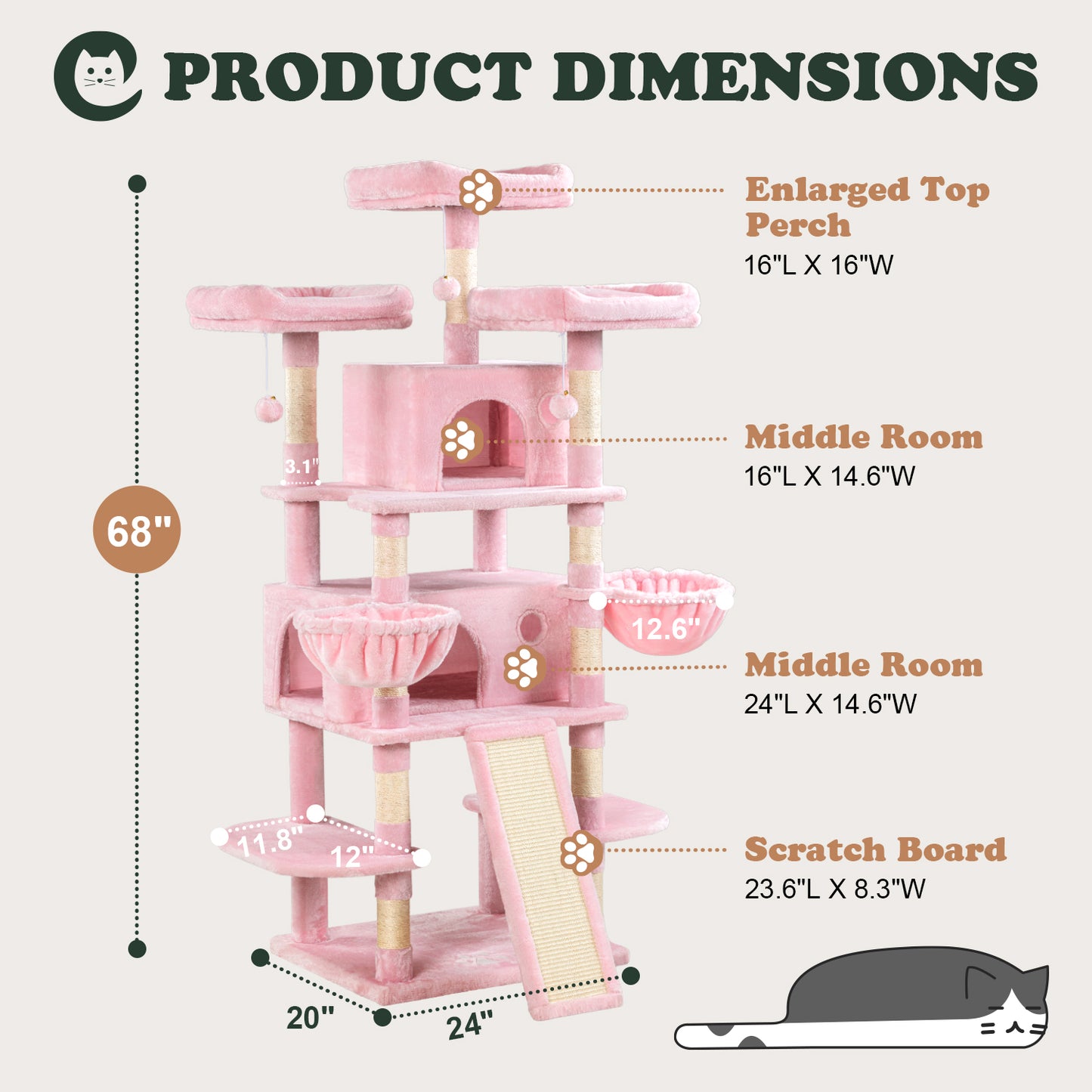 Allewie 68 Inches Multi-Level Large Cat Tree/Cat Tower for Indoor Cat/Tall Cat Climbing Tree with Cat Condo/Cozy Plush Cat Perches/Sisal Scratching Post/Wide Base Board/Hammocks/Cave