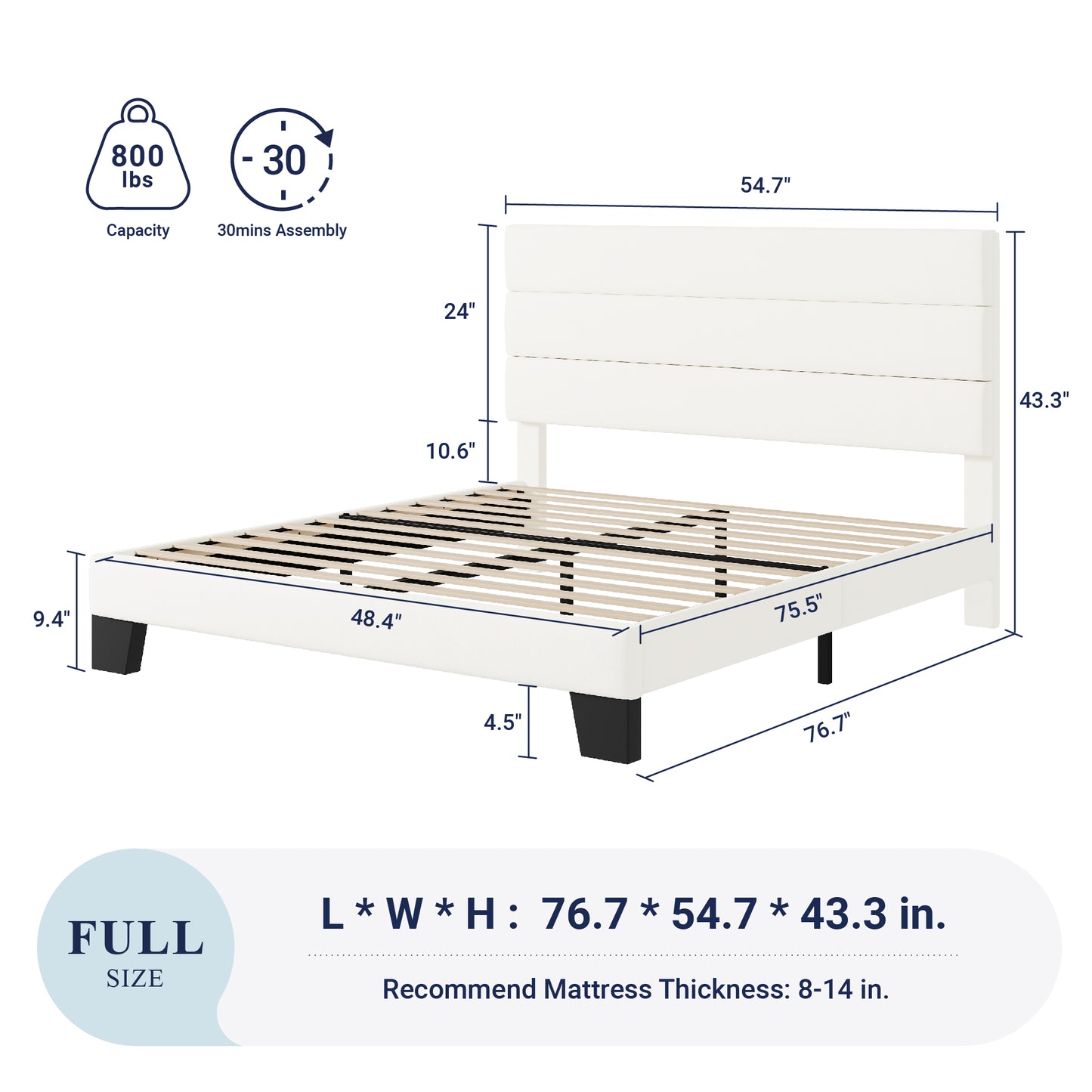 Allewie Platform Bed Frame with Velvet Upholstered Headboard, Easy Assembly, No Box Spring Needed, White