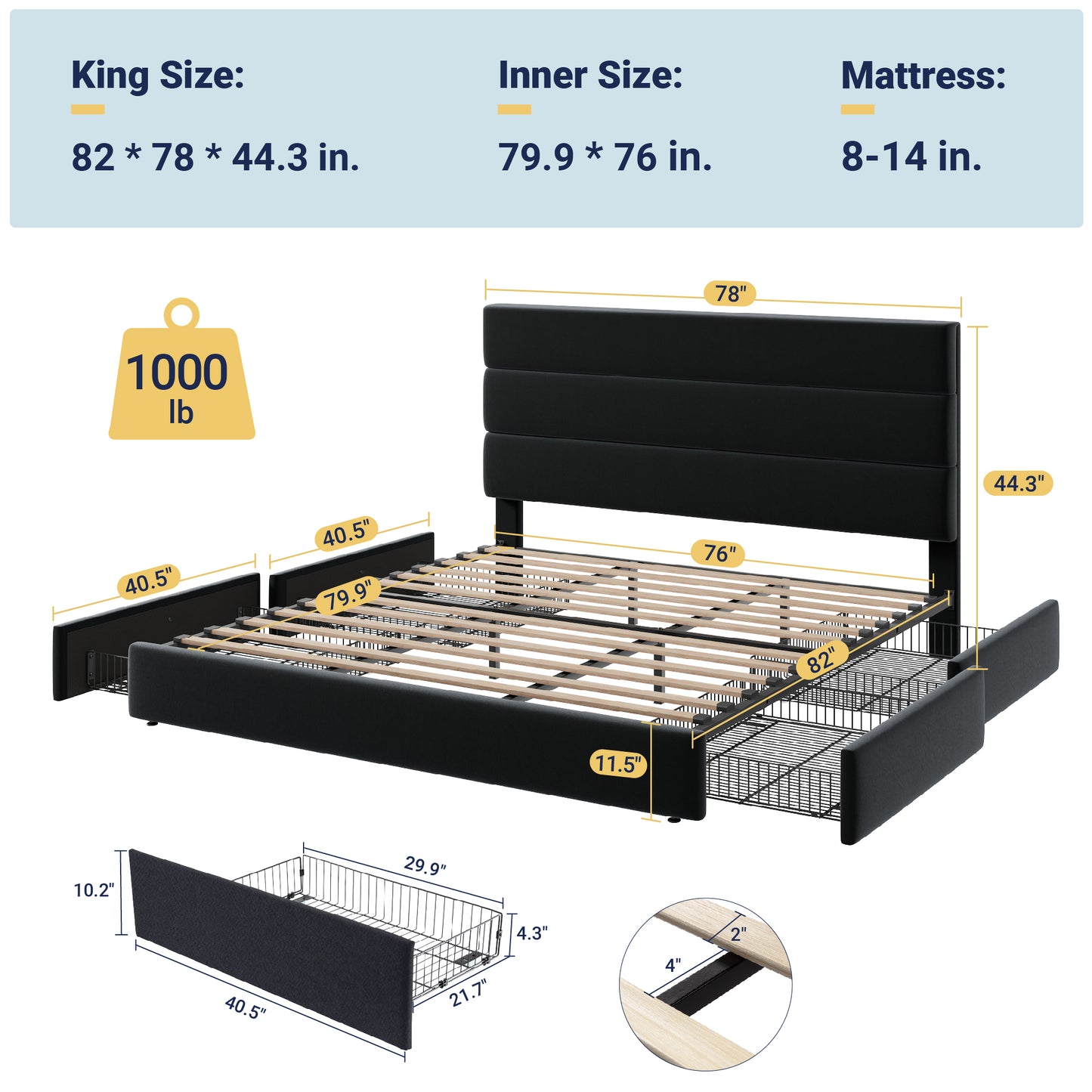 Allewie Modern Platform Bed Frame with 4 Storage Drawers and Velvet Upholstered Headboard, Wooden Slats Support