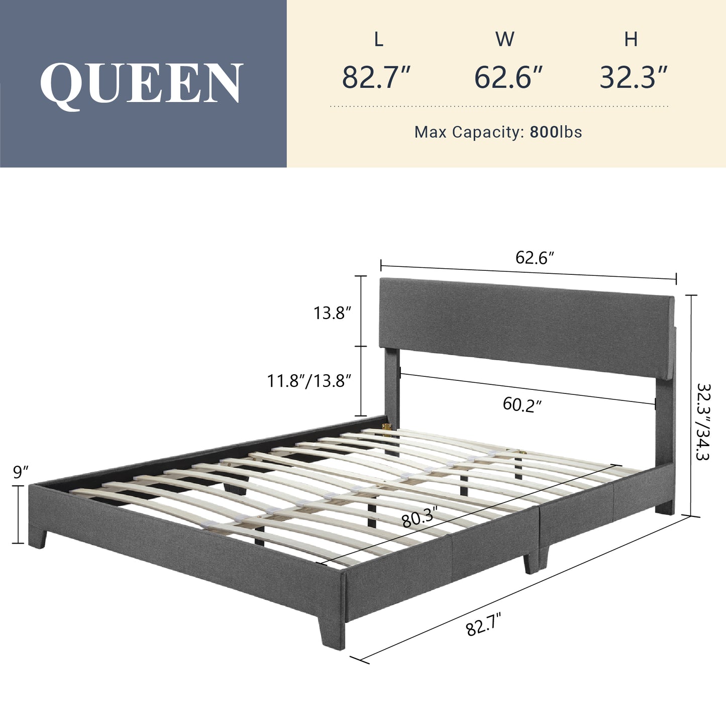 Allewie Platform Bed Fame with Upholstered Adjustable Fabric Headboard